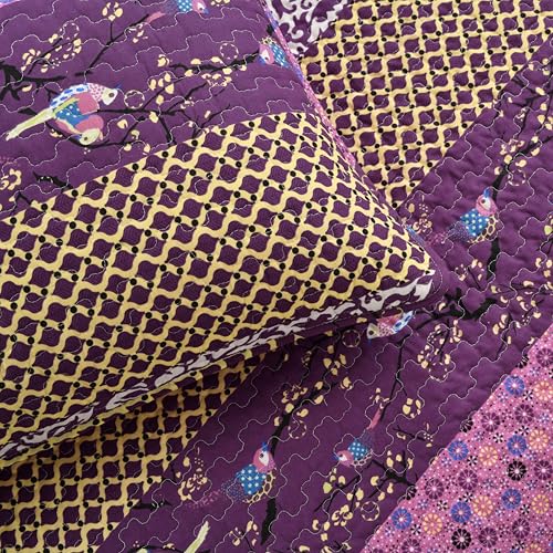 Image of Lush Decor Royal Empire Reversible Cotton Quilt Set, 3 Piece Set King, Plum - Striped Bedding Set - Floral Quilt King Size - Purple Bedding - Boho Decor