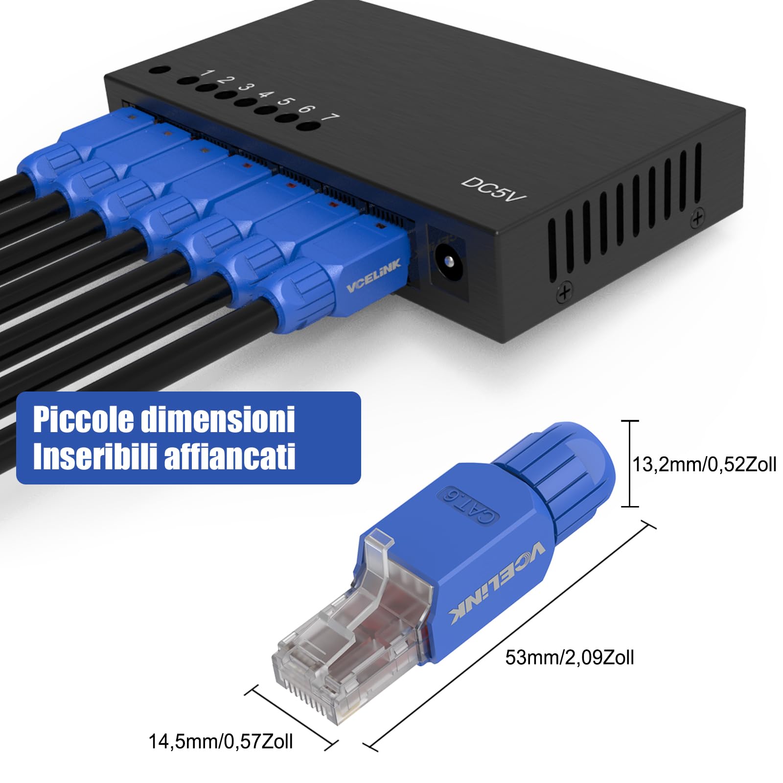 VCELINK Cat6 Connettori RJ45 Senza Attrezzi, 1000Mbps/250MHz, UTP Plug Ethernet Placcato Oro Riutilizzabili per Router, Switch, Modem, PC, Facili da Installare, Blu, 4 Pezzi