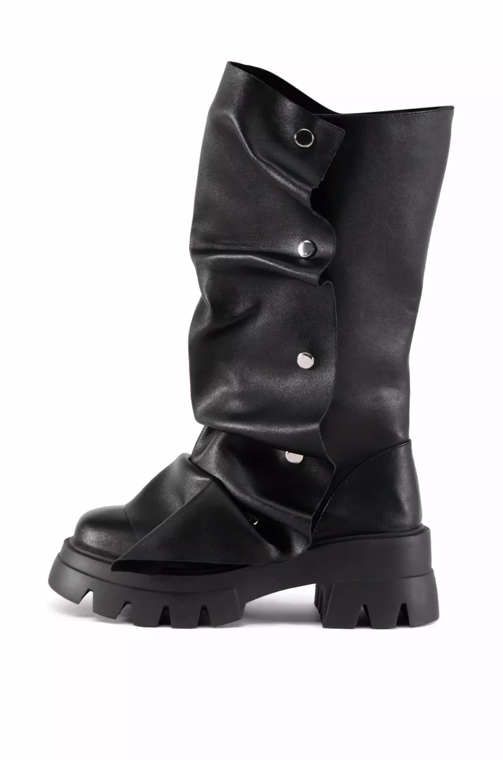 Atuelang Womens Slouchy Fold Over Platform Boots Mid Calf Pull On Fashion Snap Button Boots