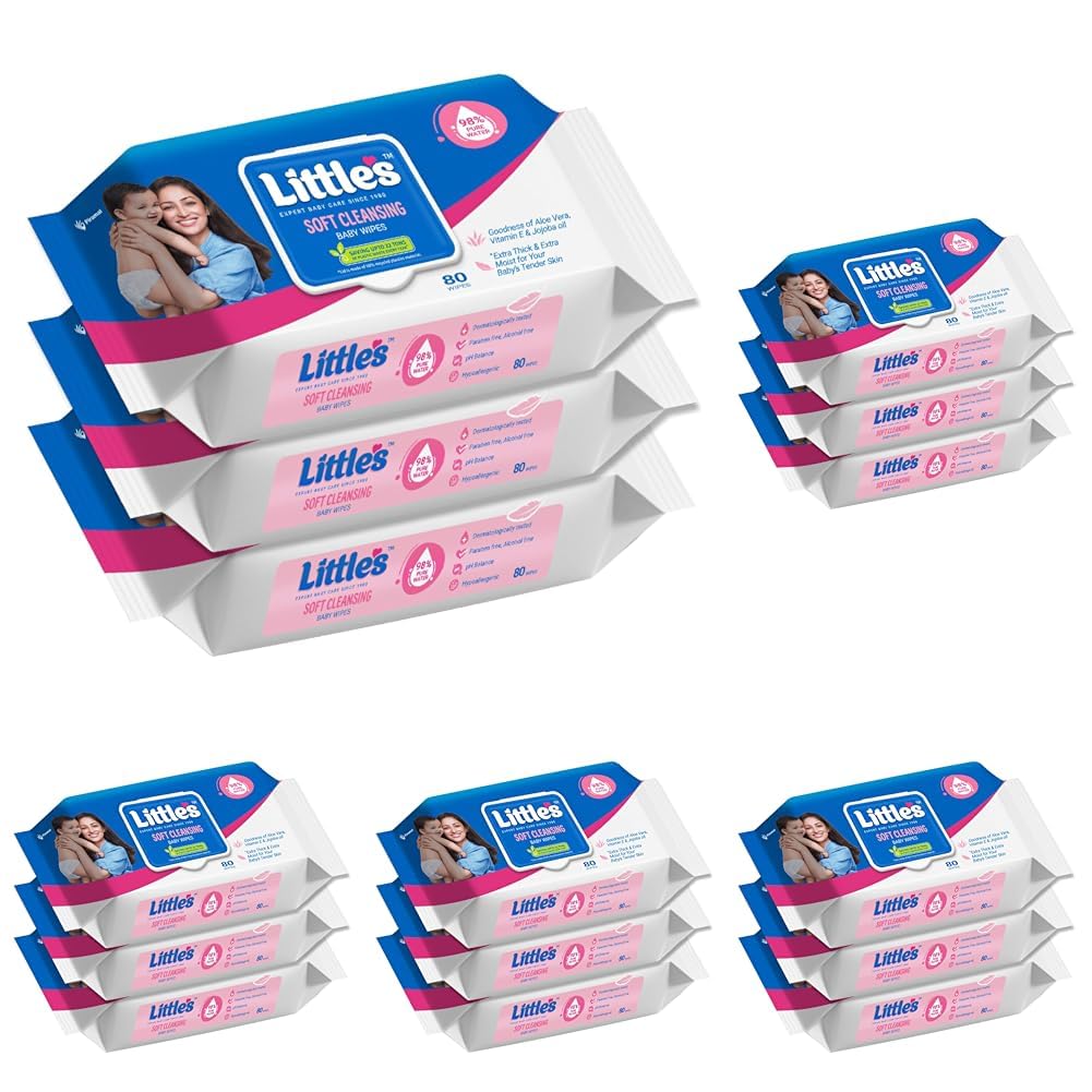 Little's Soft Cleansing Baby Wipes with Lid | 80 Wipes x Pack of 15-240 Wipes | Extra Thick & Moist Wet Wipes for Baby's | Prevents Rashes & Redness with Goodness of Aloe Vera, Vitamin E & Jojoba Oil-picture-28