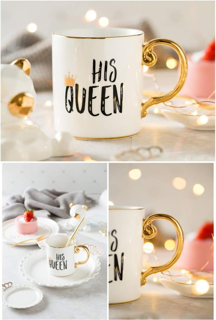Bіg Sаlе CheeseandU 2Pack Flawless Ceramic Coffee Cups HER King HIS Queen Couple-Mugs Set Gold Silver Painted Porcelain Water Mugs Valentines Day Gift for Girlfriend Boyfriend Husband Wife Wedding Gift