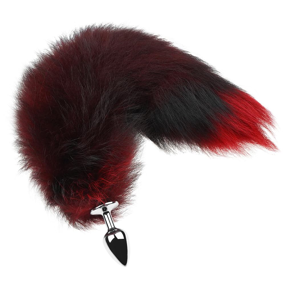 Anal Butt Plug Stainless Steel Anal Stopper Smooth Anus Toy with Faux Fox Tail Black-Red