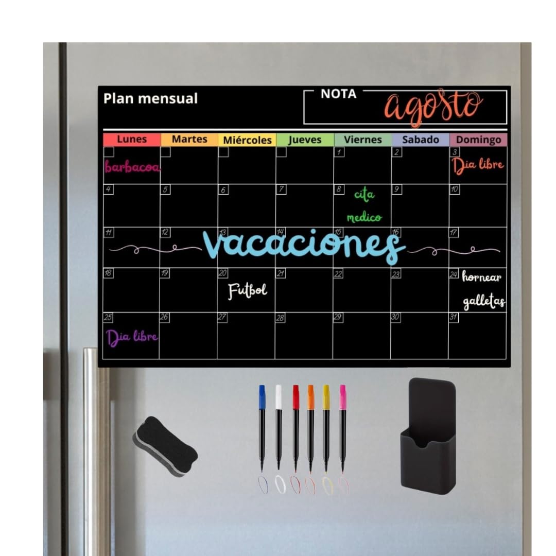 Calendario Magnetico Nevera, Planificador Mensual - Pizarra Magnetica con 5 Rotuladores y borrador, Borrado facil.