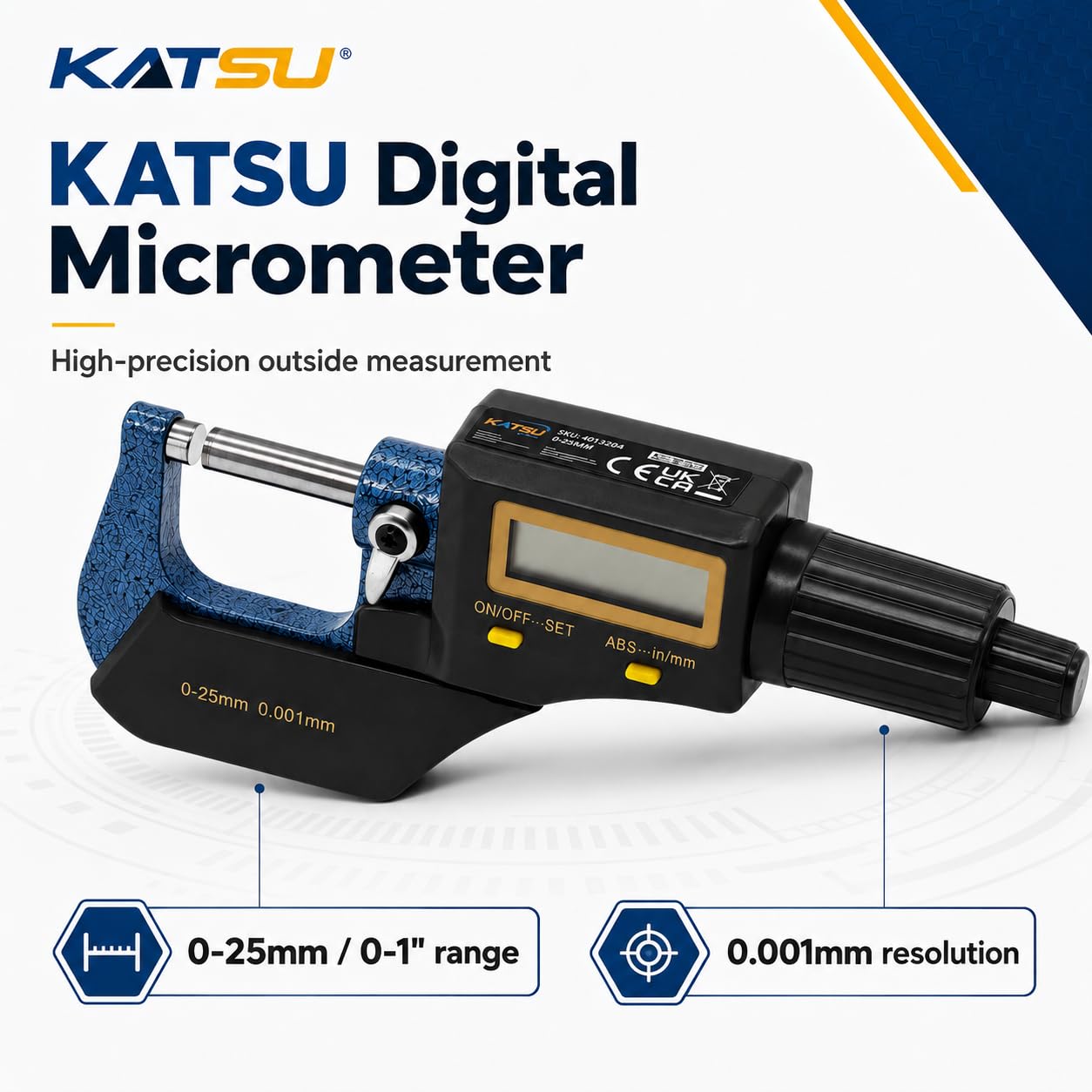 KATSU Micrometro Digitale 0-25 mm / 0-1" Alta Precisione LCD Micrometro Elettronico Esterno Calibro Digitale Millesimale Misura Inch/Metric con Modalità Assoluta e Incrementale 401330A