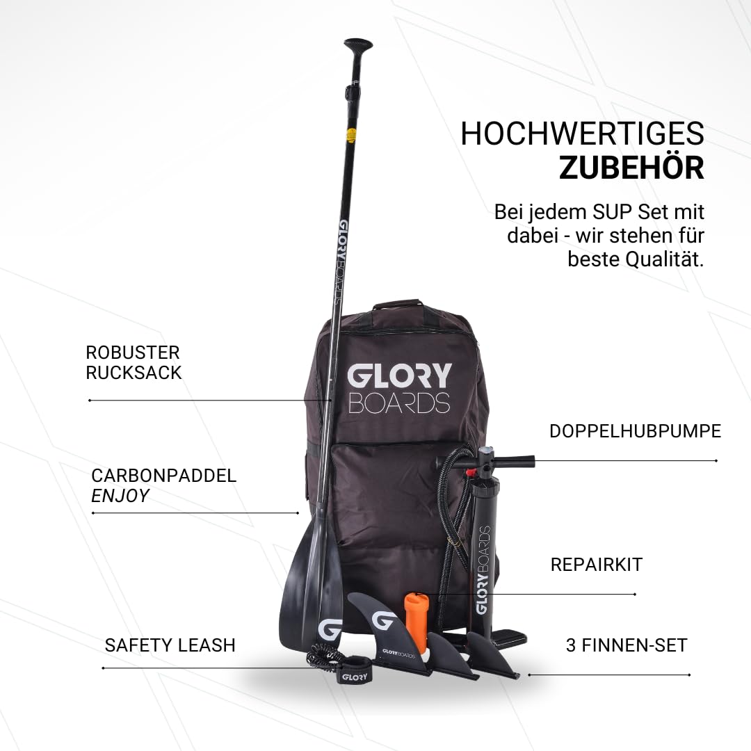 GLORY BOARDS ® Stand up Paddling Board aufblasbar – bis 180kg Tragkraft – komplettes SUP Set inkl. Carbonpaddel, Pumpe, Rucksack – Kajak Option – leichtes Stand up Paddle Board