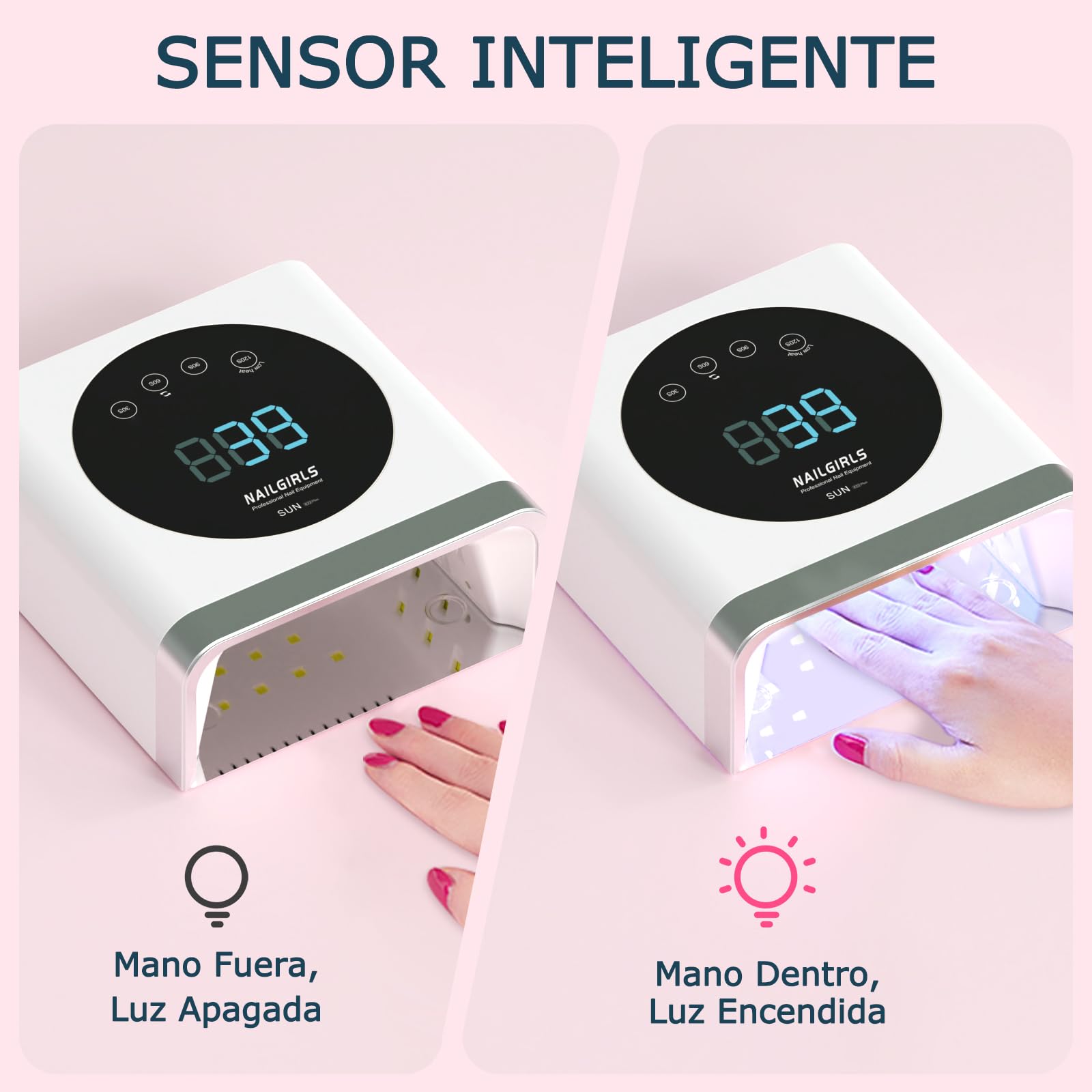 NAILGIRLS Lámpara LED UV Profesional, secador de uñas Rápido de 150 W para gel y esmalte regular, secador LED de gel de curado de esmalte de uñas con 4 ajustes de temporizador, sensor automático