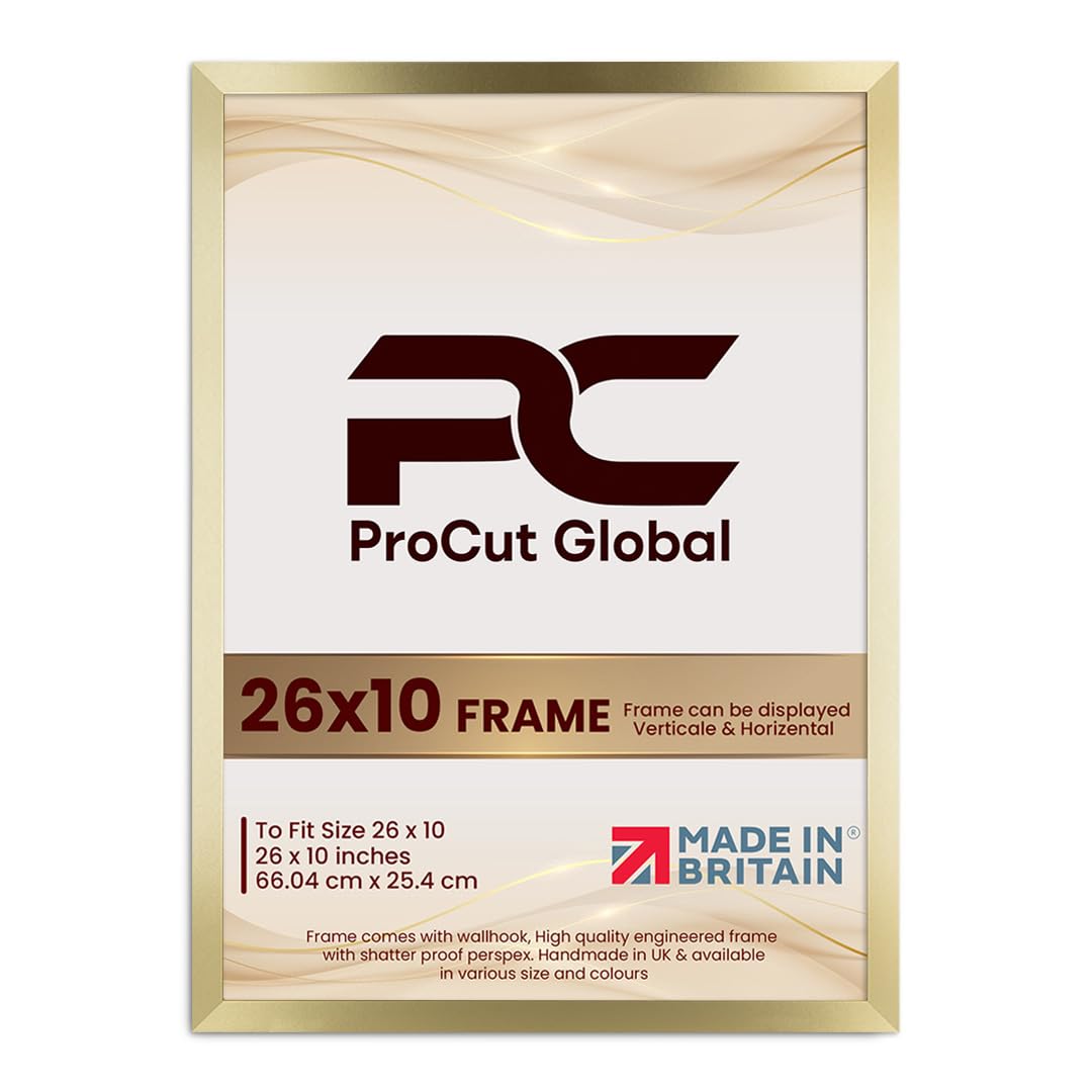 Procut Global 26X10 Gold Picture Frames - Modern Wooden Photo Frame with Shatterproof Perspex for Wall or Tabletop - Perfect for Posters, Certificates, Prints - Sizes & Colors Available