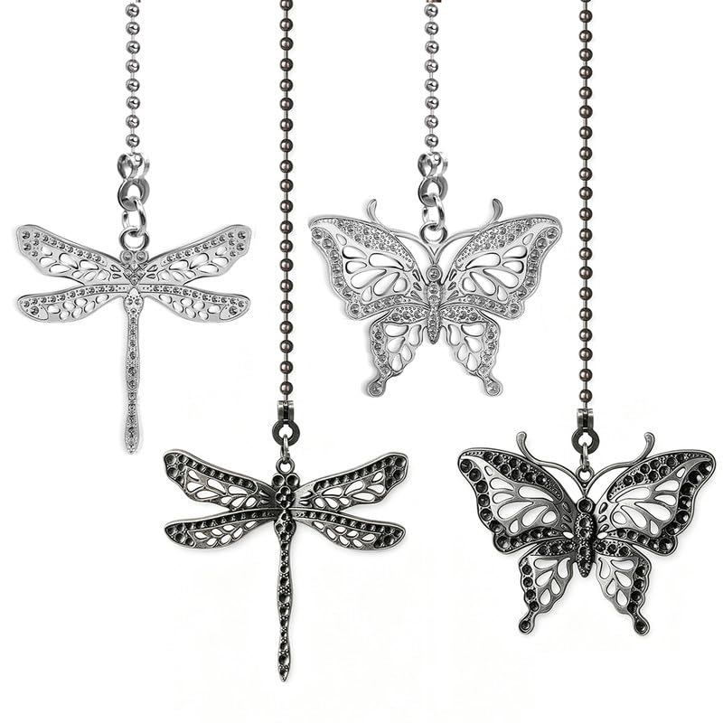 Image of 4Pcs Dragonfly and Butterfly Ceiling Fan Pull Chain, 14inch Fan Light Extender Pendant Ornaments Extension,Orb Black and Nickel