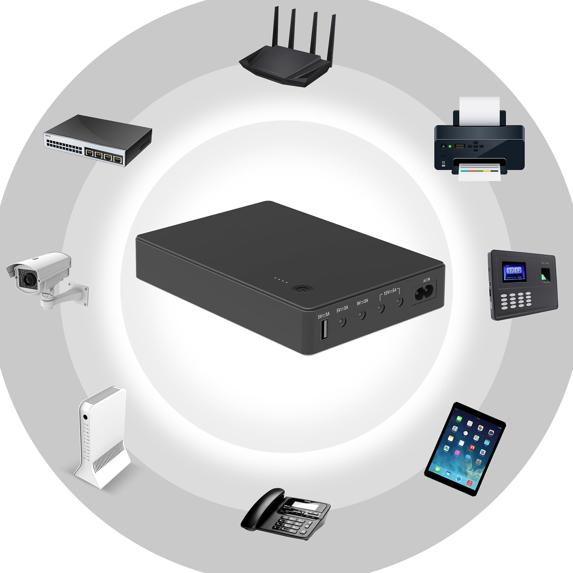 Mini UPS Gruppo di Continuità per Router, Modem, Camera con Ingresso AC Uscita USB 5V DC 5V 9V 12V 3A (74Wh)