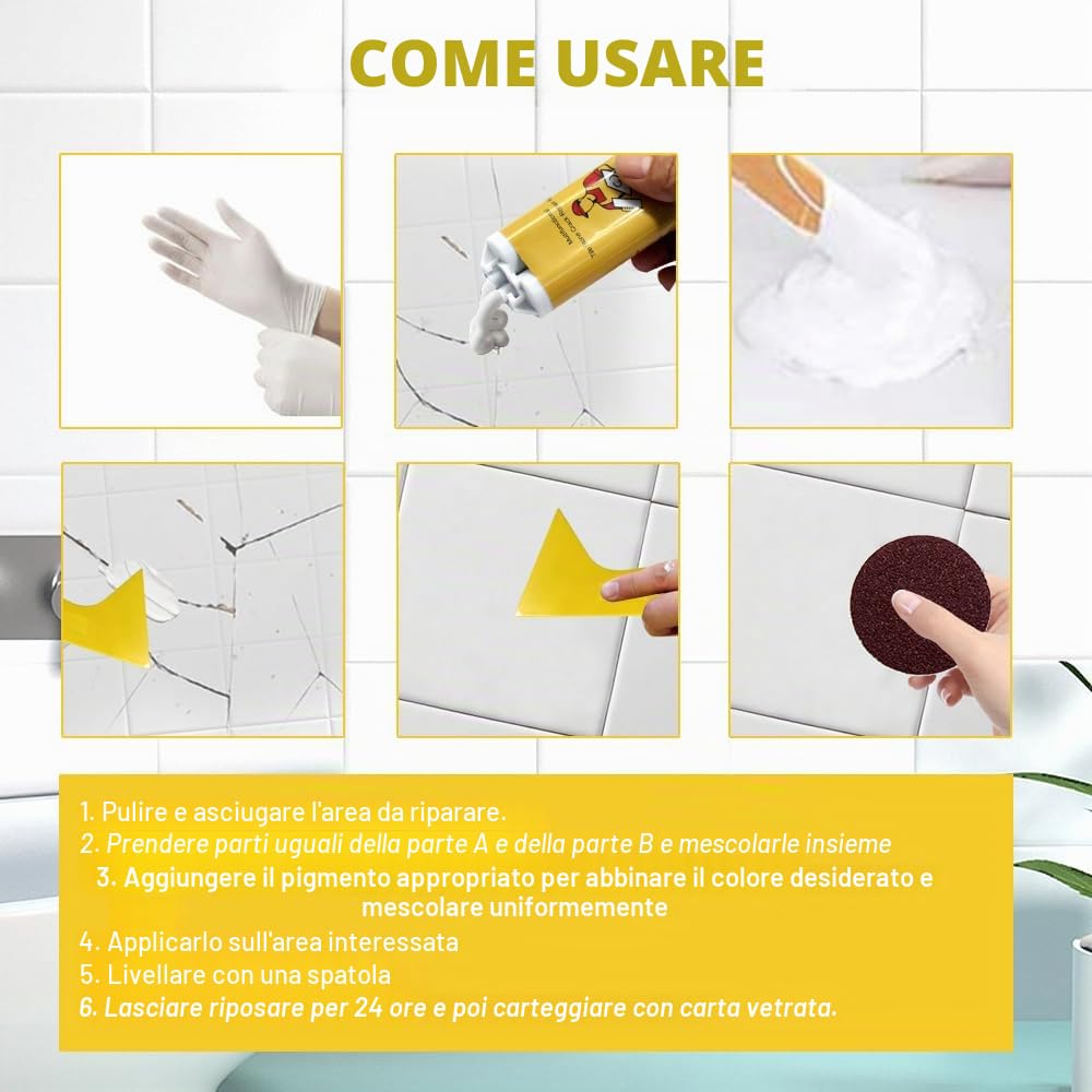 Kit Riparazione Piastrelle, Kit di riparazione vasca da bagno, kit di riparazione per piastrelle Per la riparazione di scheggiature, ammaccature, crepe, fori, graffi, 85 g