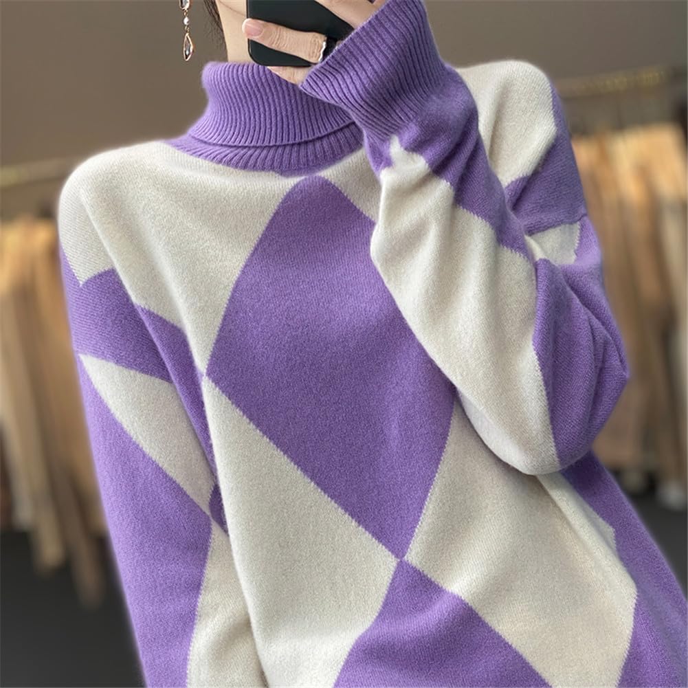 Youllyuu Maglione Dolcevita 100% Lana Maglione Pullover Lavorato a Maglia in Cashmere da Donna Maglione a rombo