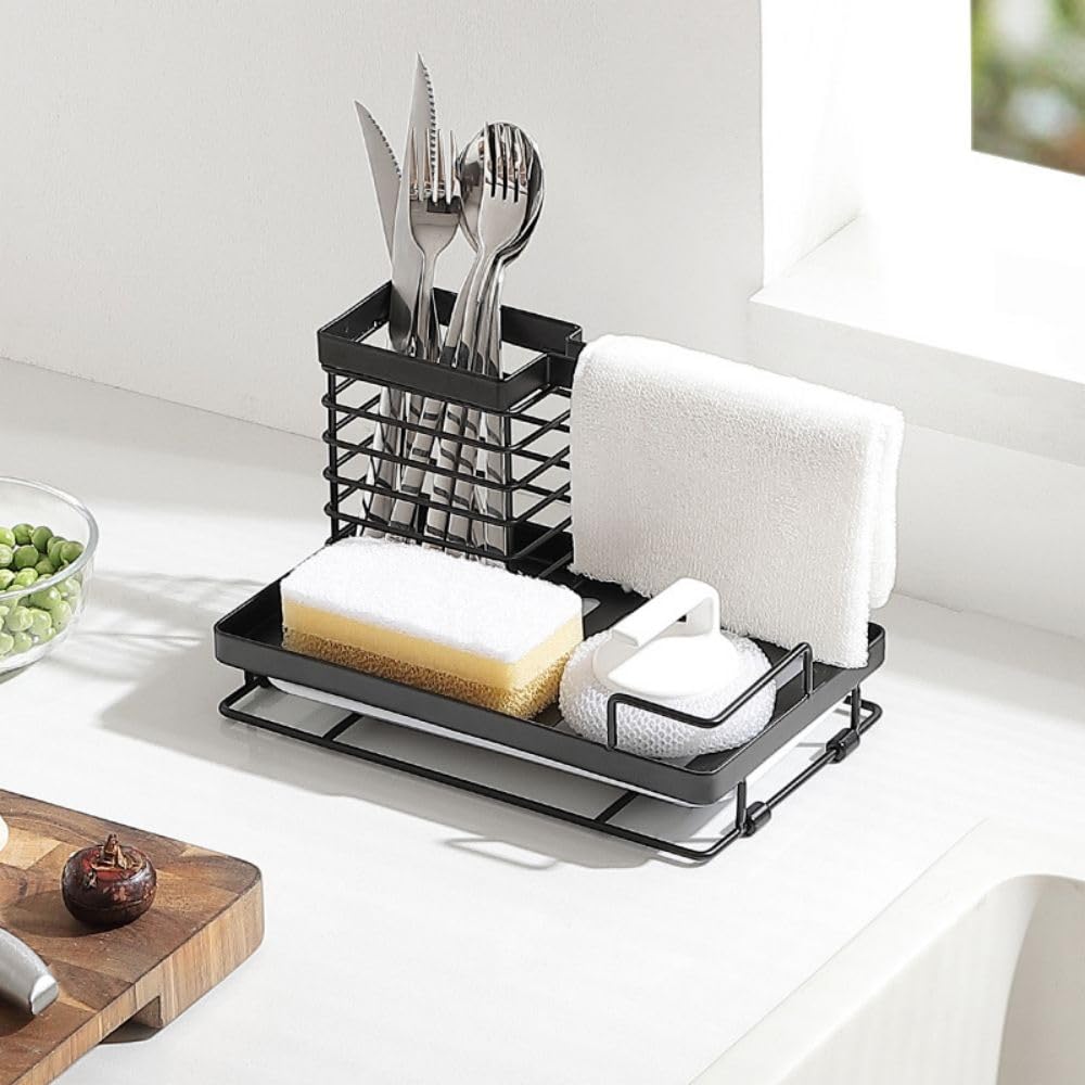 Kitchen Sponge HolderGerritKitchen Sink Caddy Organizer with Drain Pan 304 Stainless Steel with Removable Drain for Sponges Cleaning
