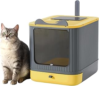 Caja de arena para gatos totalmente cerrada con tapa, caja cubierta para gatos, antisalpicaduras, fácil de limpiar, con cajón, 3 modos que se pueden utilizar de gatito a adulto (amarillo y