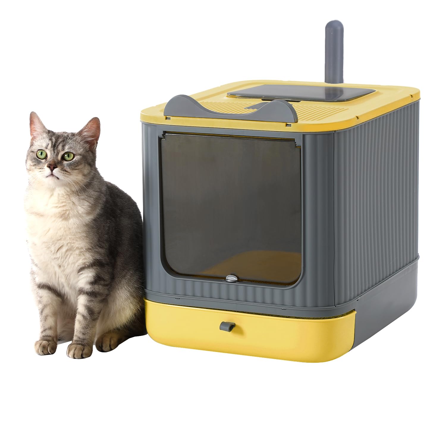 Upgraded Fully Enclosed Cat Litter Box with Lid, Covered Cat Box Enclosure, Anti-Splashing Easy to Clean Kitty Litter Boxes with Drawer, 3 Modes can Use from Kitten to Adult(Yellow&Grey)