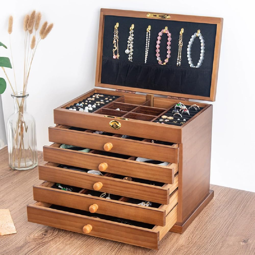 Organizador de joyas de madera de 6 capas con espejo, estuche de almacenamiento grande para collares, aretes, anillos y pulseras