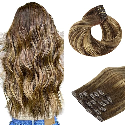 HOTBANANA Clip in Hair Extensions, 18 Inch 110g 7 Pieces, 4/27/4 Balayage Chocolate Brown Mixed Caramel Blonde, Clip in Extensions Real Human Hair Natural Long Straight Remy