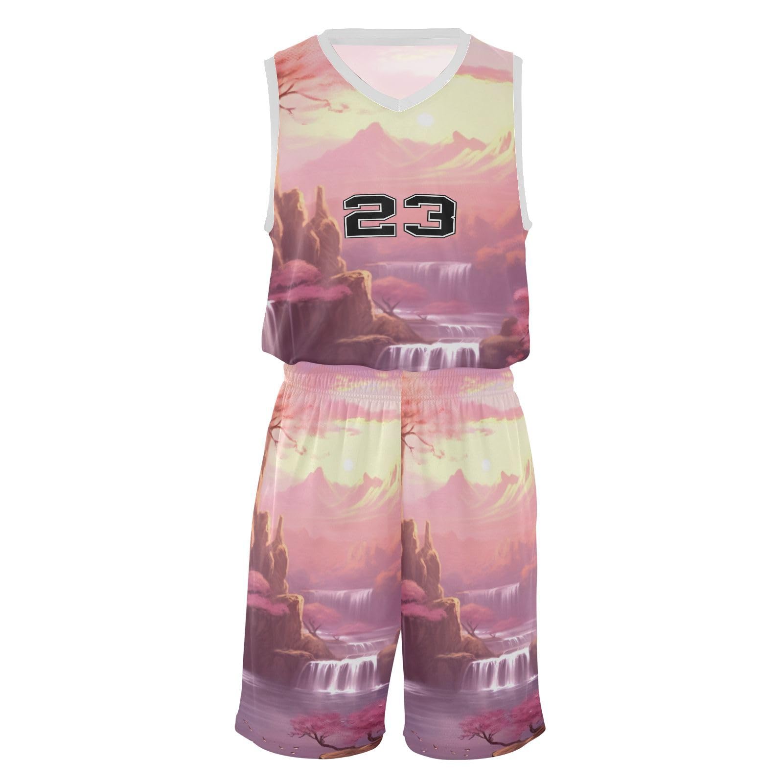 FLildon Pink Landscape Waterfall Boys Basketball Jersey Set Tank Top Shorts Tracksuit Sport Training Suit for Kids