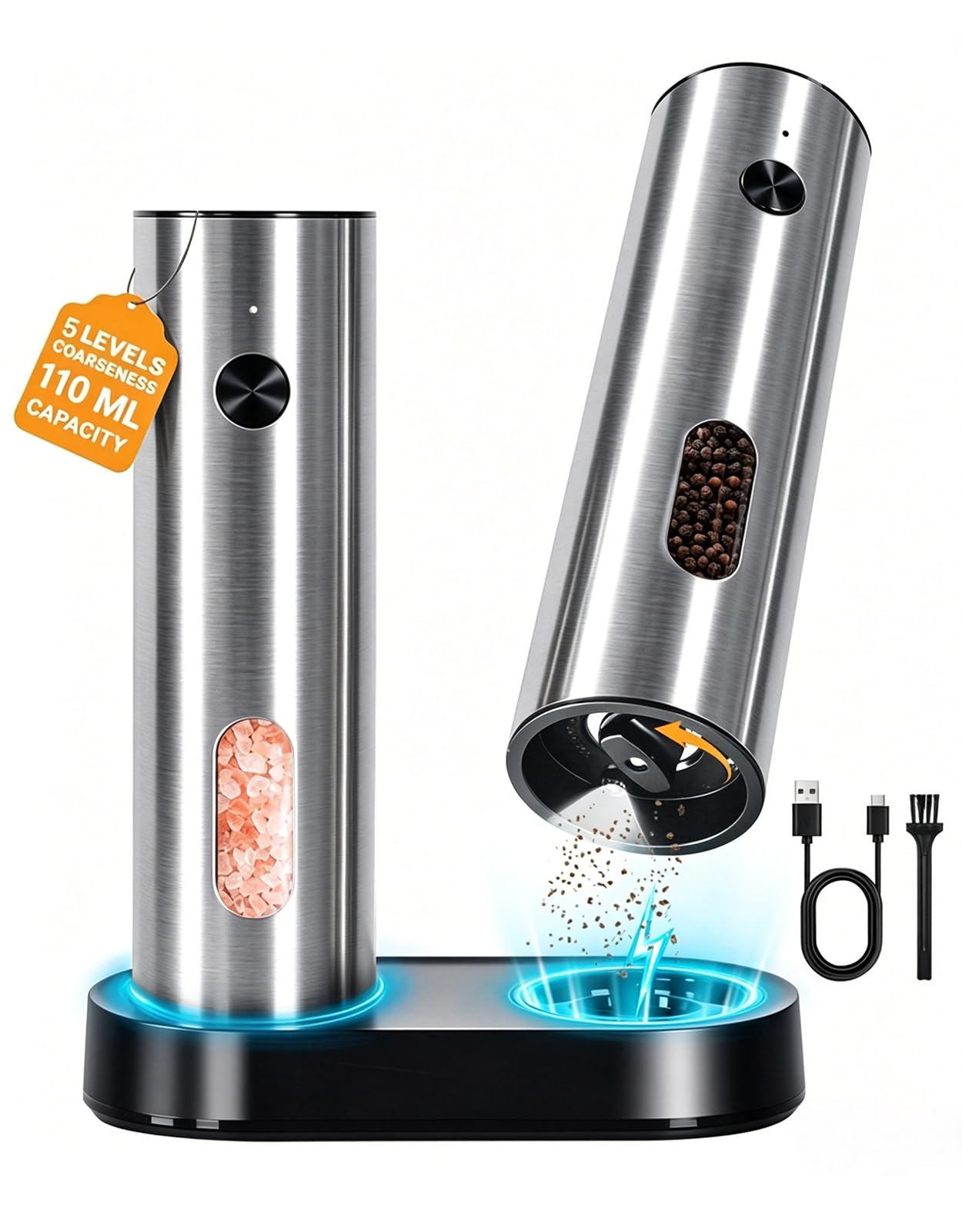 Molinillo Eléctrico de Sal y Pimienta Recargable 110 ml, Gran Capacidad, Base de Carga USB-C, Luz LED, Molienda Automática Ajustable, Perfecto para Cocina y Hogar