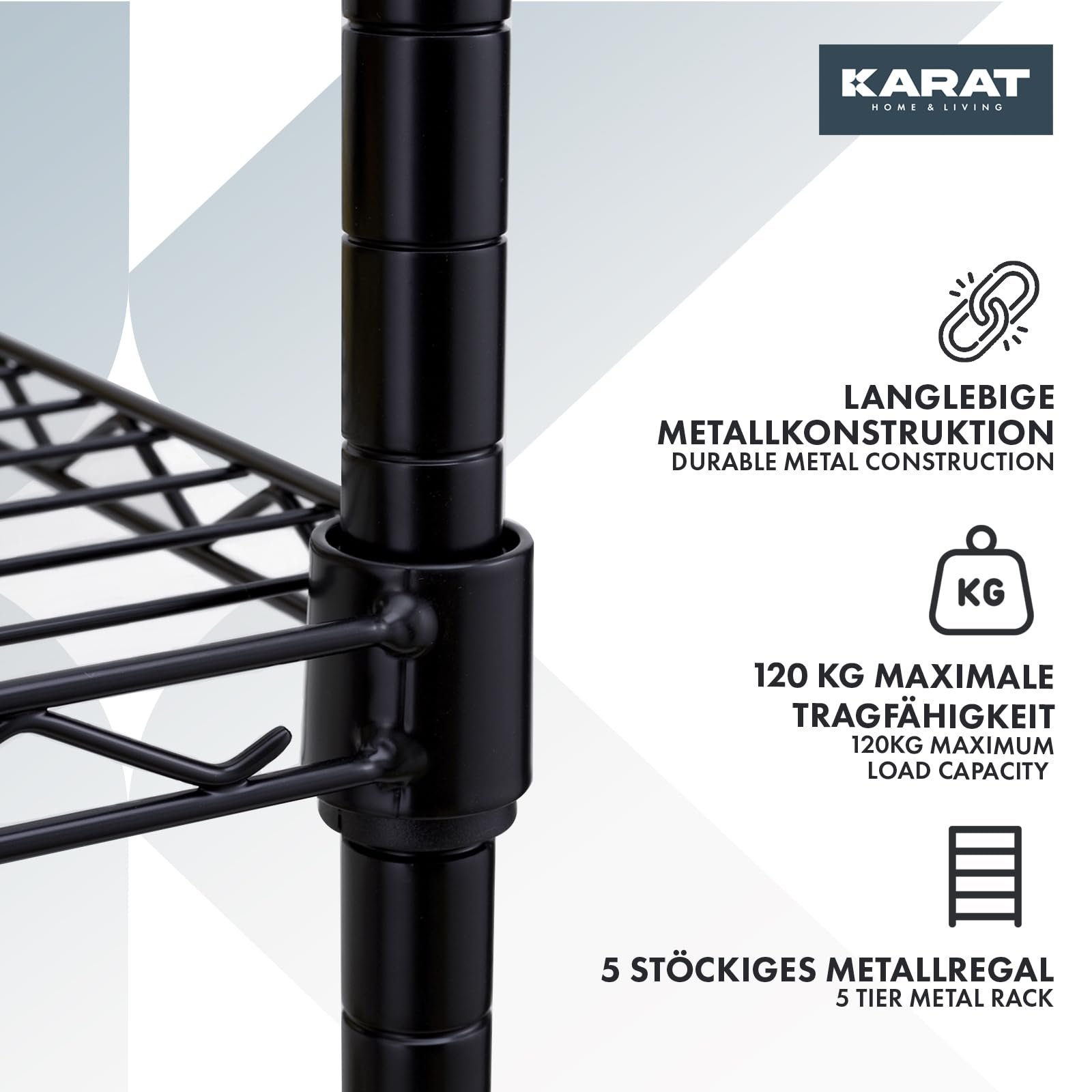 KARAT Estantería con Ruedas de Metal con 5 Estantes y Freno de Estacionamiento - para Cocina, Baño, Sótano, Trastero - Capacidad 120 kg - Color Negro - 89 x 34 x