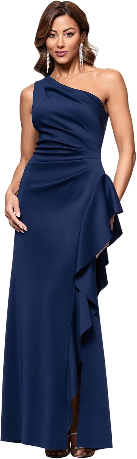 Xscape Women's Floor Length One Shoulder Ruched Waist with Ruffle Bodice Evening Dress with Side Slit, Midnight, 20W