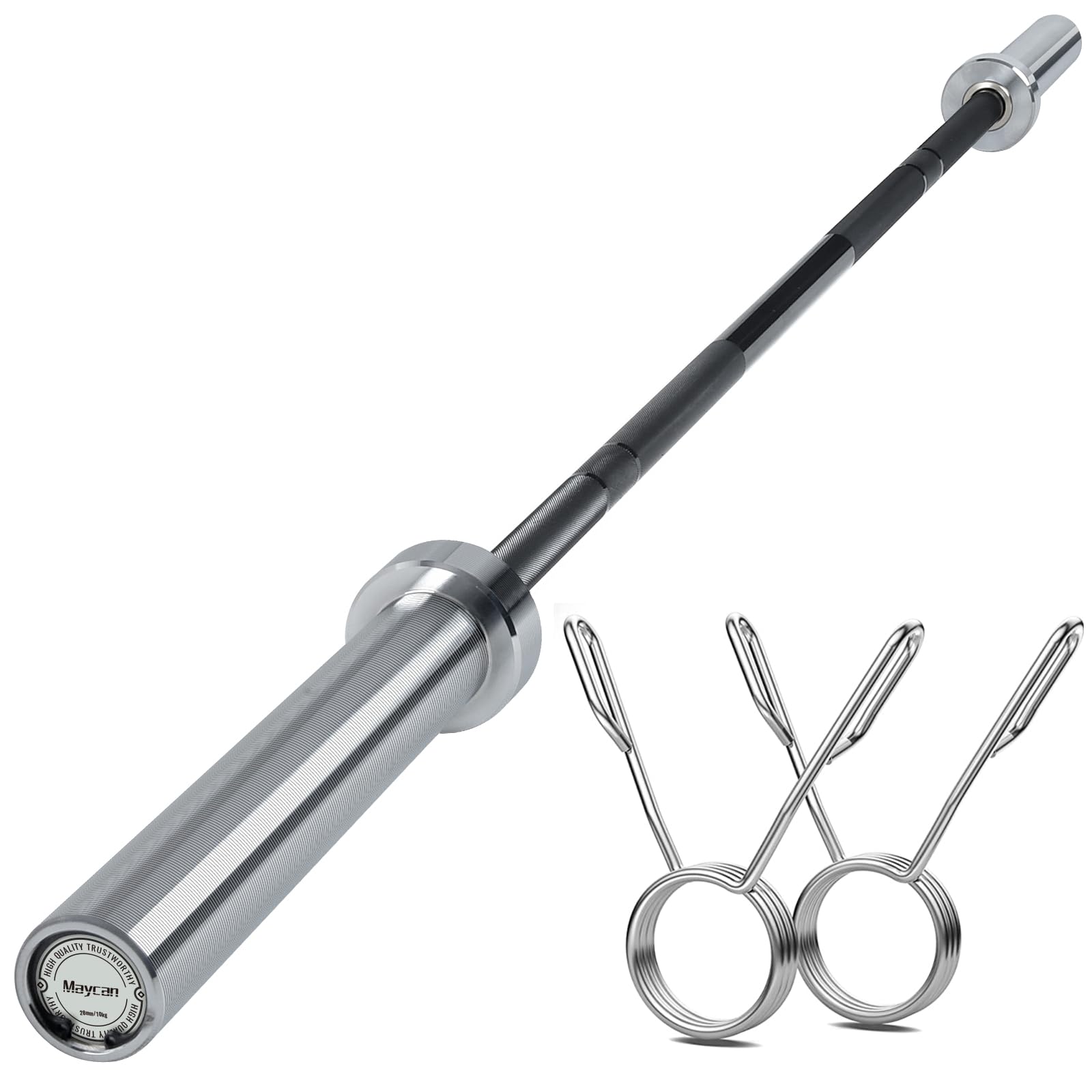MAYCAN Olympic Barbell straight Bar, 6FT Bearing Barbell Bar Comes with Two Spring Collars Suitable for Weightlifting, Hip Thrusts, Squats and Lunges
