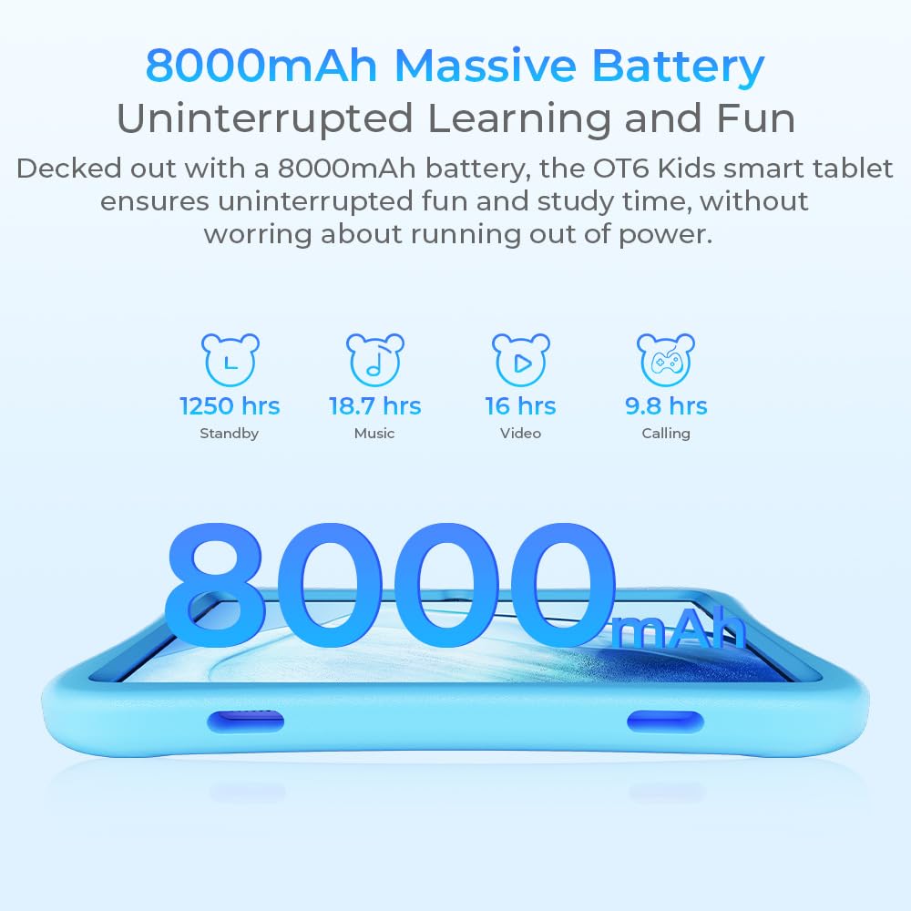 Tablet OUKITEL OT6 per Bambini, 16GB RAM+64GB ROM, Android 13, 10" HD, 8000mAh, Controllo Parentale, BT5.0, Giochi Educativi, Blu