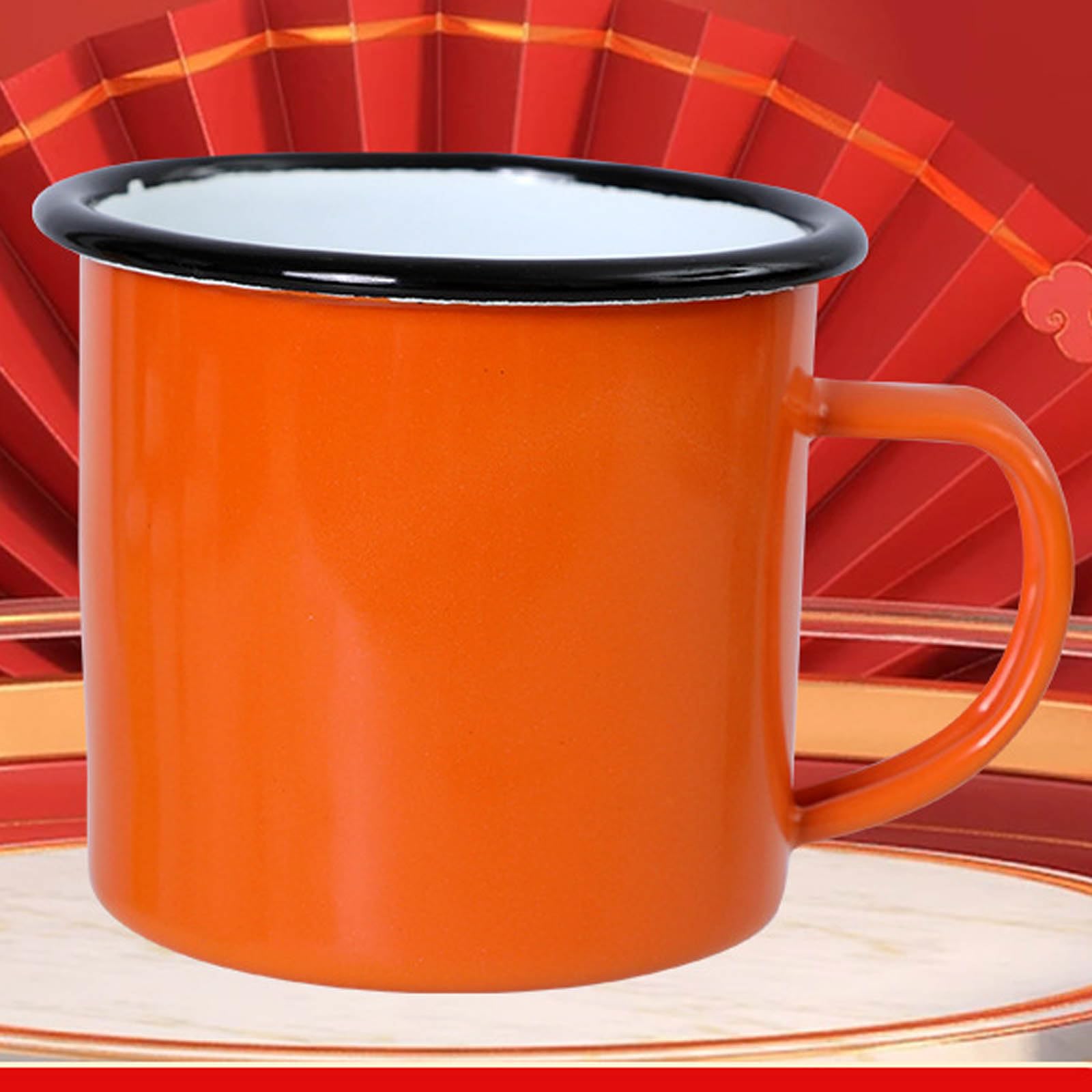 Art Retro Emaille Tasse 2 4 6 Er-Set, Mehrweg Camping Becher Mit Henkel - 350 Ml, Porzellan Kaffeetassen Teetassen Set (Orange,2 Stück)