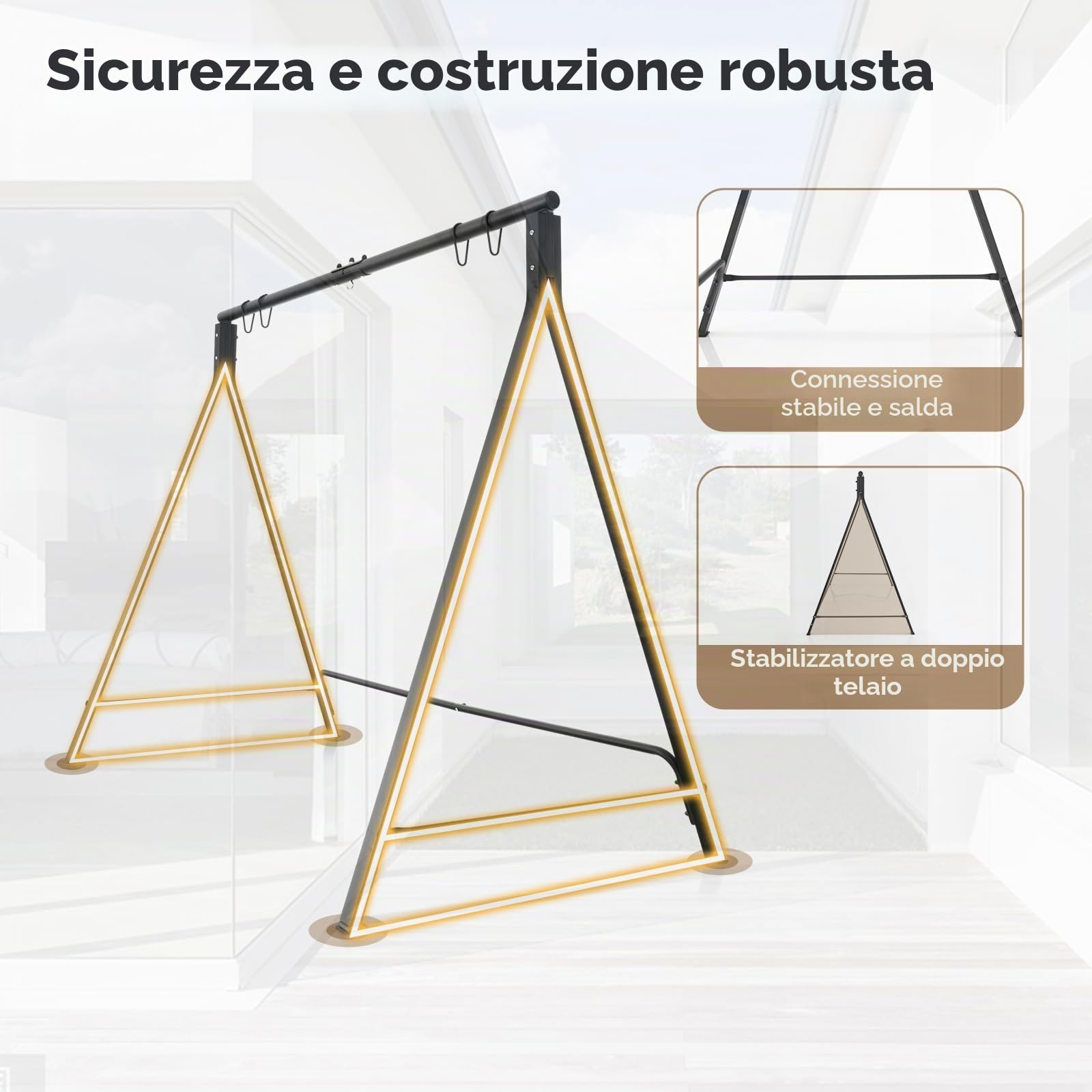 KOMFOTTEU Struttura per altalena, struttura per altalena Hollywood, altalena da giardino, telaio in metallo a forma di A, supporto per altalena con 5 anelli di sospensione, 210 x 115 x 175 cm