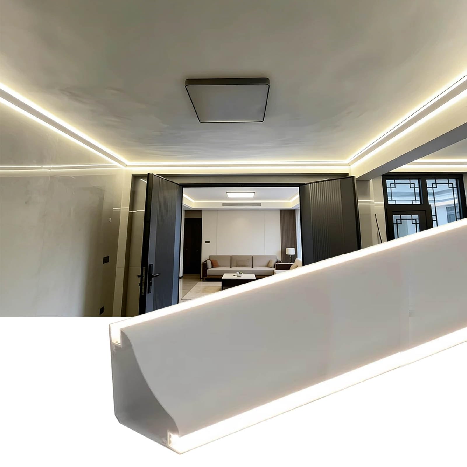 Led Profile Listwa Wnękowa z Oświetleniem Pośrednim LED, Aluminiowy Gzyms Ścienny/sufitowy z Mleczną Osłoną, Podwójna Obudowa Dyfuzora LED do Salonu I Przedpokoju(16.4ft(5 m))