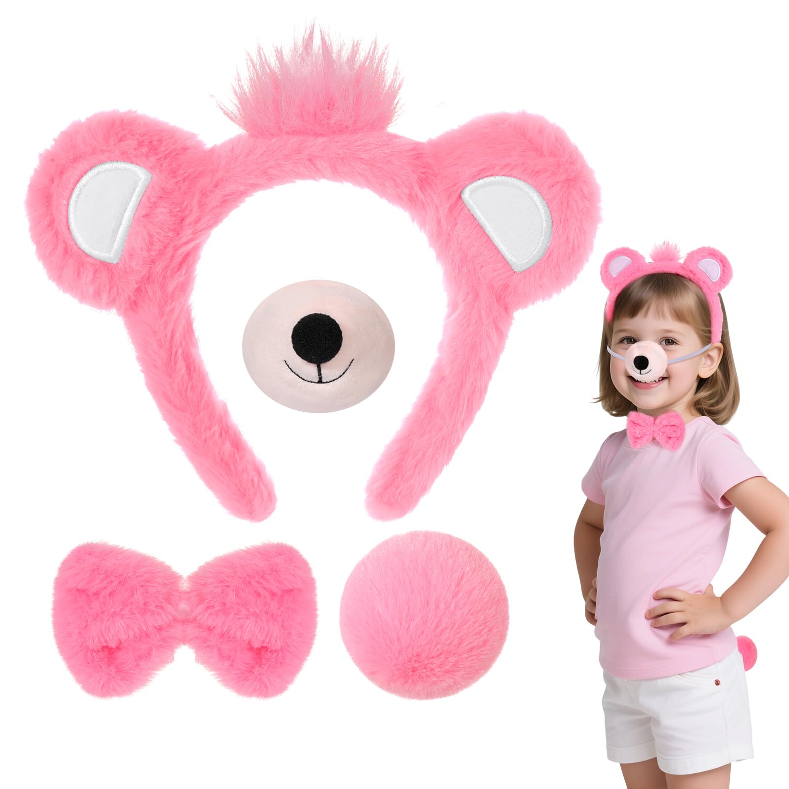 Hifot 4PCS Bear Costume Accessories, Furry Bear Ears Headband Nose Bow Tie and Tail Set