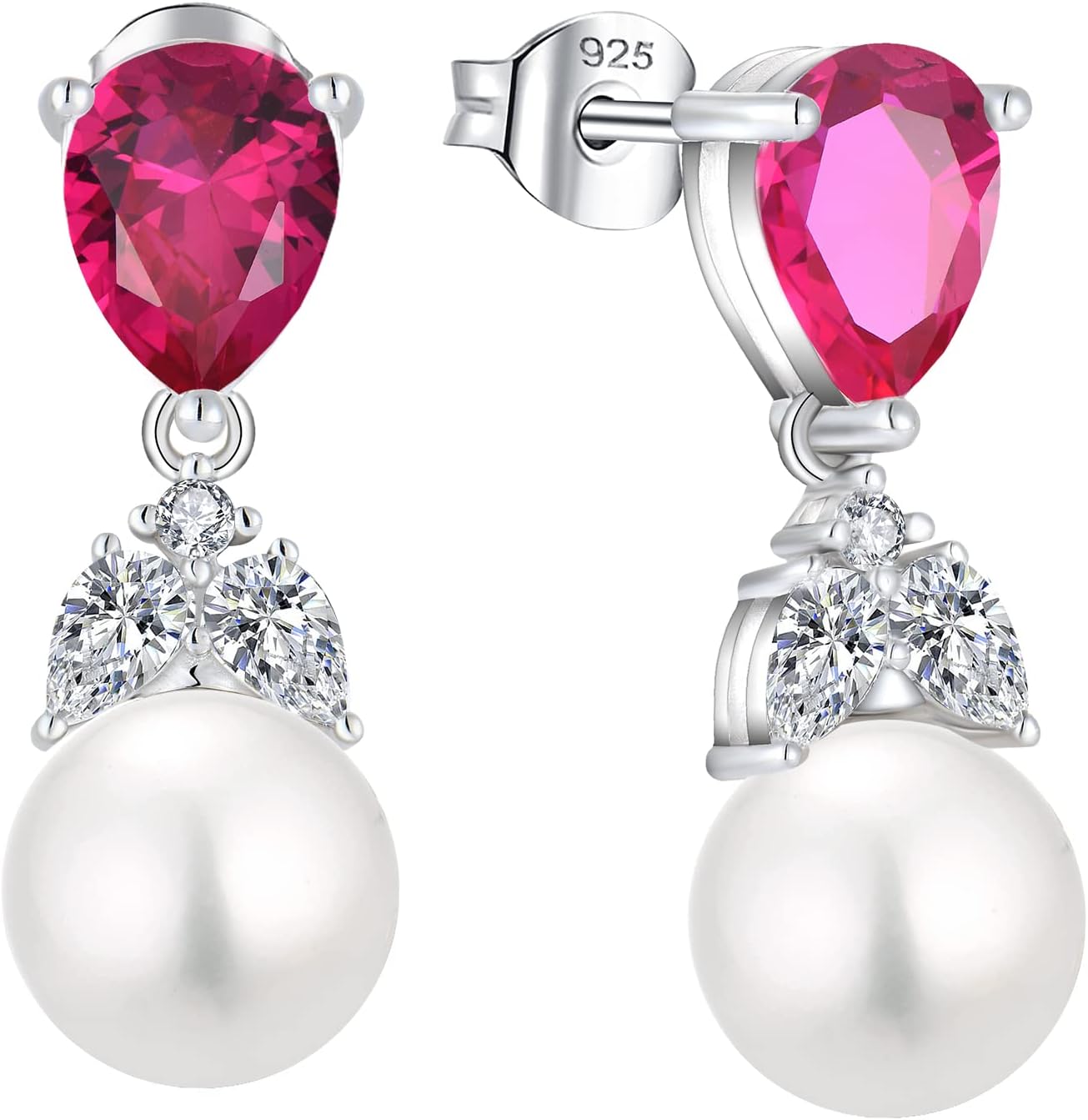 Women Pearl Earrings 925 Sterling Silver Teardrop Cubic Zirconia Pearl Dangle Bridal Wedding Earrings with 10mm Simulated Pearl Birthstone Earrings for Women Gift