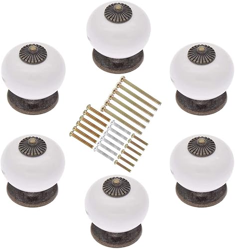 6 tiradores redondos de cerámica vintage para gabinetes de cocina, tiradores decorativos para cajón, paquete de 6 unidades (blanco)