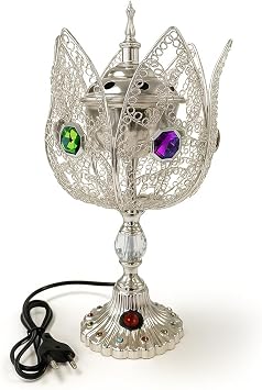 Electric Incense Burner | Arabic-Middle Eastern Style Metal Bakhoor Burner | Traditional Tabletop Censer for Aromatherapy, Home Fragrance, Yoga, Spa, Office Decor Silver, WT-38L