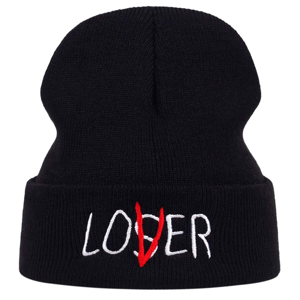 KESROMANBlack Winter Beanie Knit Hats for Men and Women Loser Letter Warm Cuffed Plain Stretchy Soft Daily Skiing Cap