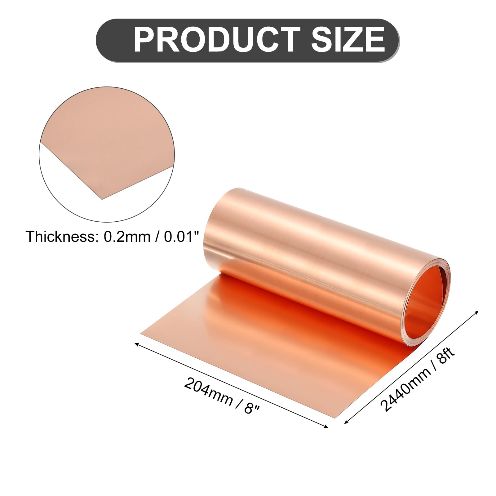 QUARKZMAN Reines Kupferblech Rolle 0.2mm 24Ga Dick T2 Kupferblech 2440mm x 200mm/8Ft x 8in Kupferstreifen Weiches Kupfer Metallfolie Platte Für Basteln Elektro Haus Reparatur