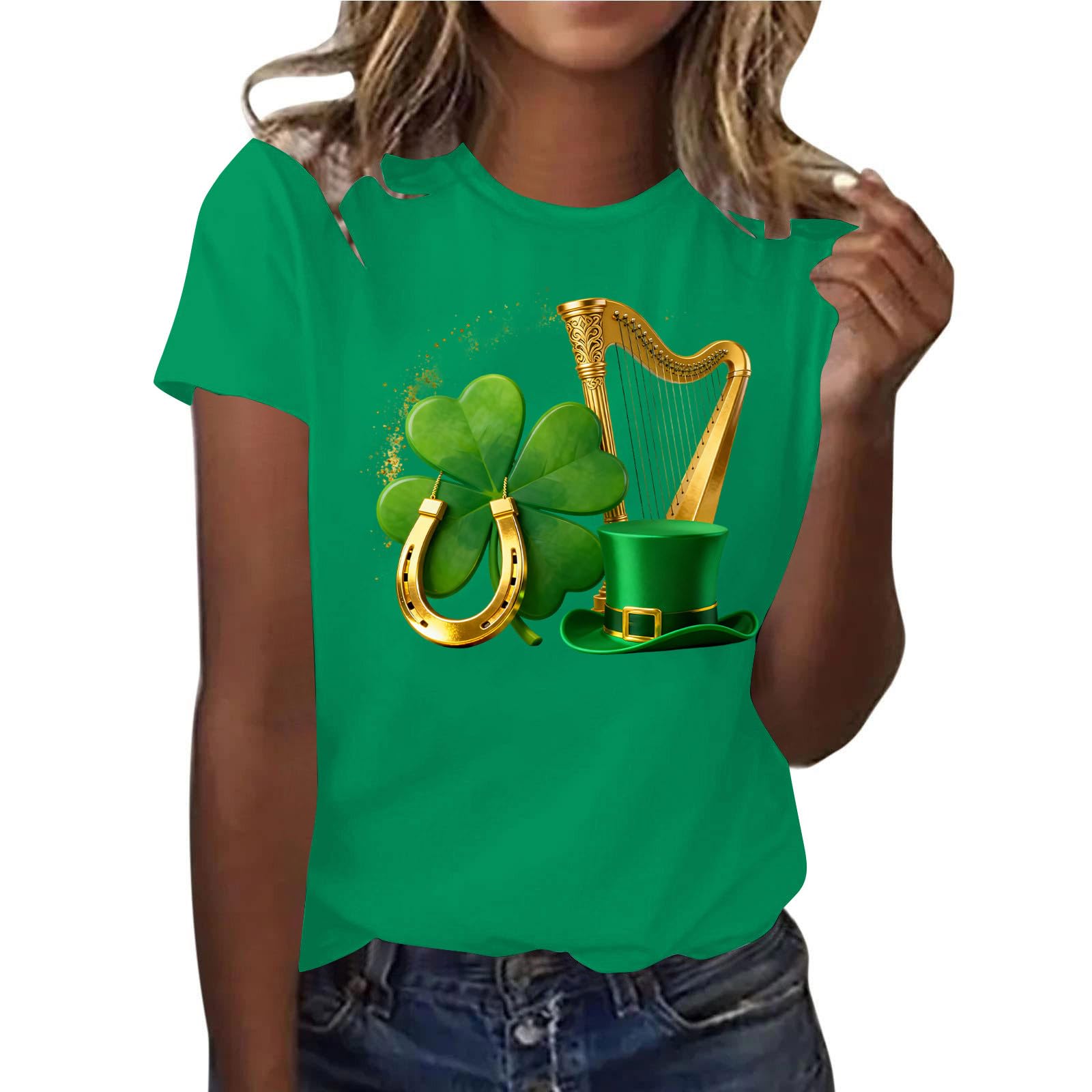 Women Irish T Shirt St Patricks Day Tops Lucky Shamrock Green Hat Tee O-Neck T-Shirt Ladies 3D Print Blouse Funny Tshirts Ladies Casual Paddy's Day Outfits Clothes S-5XL