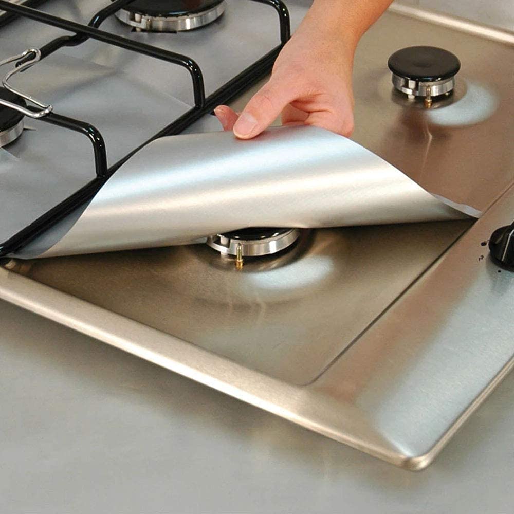 Greenfields Pack of 4 Silver Reusable Gas Stove Protector Hob Range Burner Protectors Top Cooker Cover Stove Top Non Stick Mats Easy to Clean