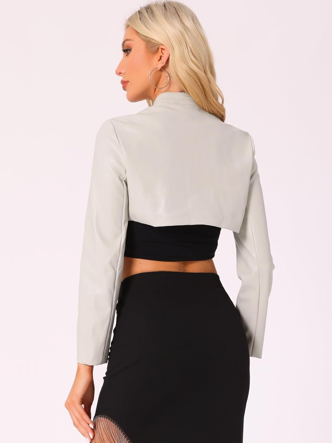 Allegra K Women's Faux Leather Cropped Top Stand Collar Zipper Front Moto Biker Long Sleeve Jacket Coat