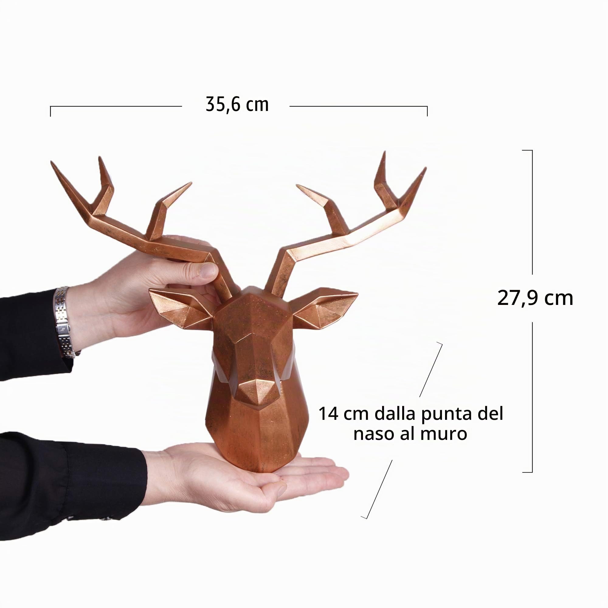Keygift, Testa di cervo, decorazione da parete geometrica in rame anticato con corna di cervo, scultura da parete in resina sintetica, statua da appendere alla parete, pronta da appendere, 35,5 x 14 x
