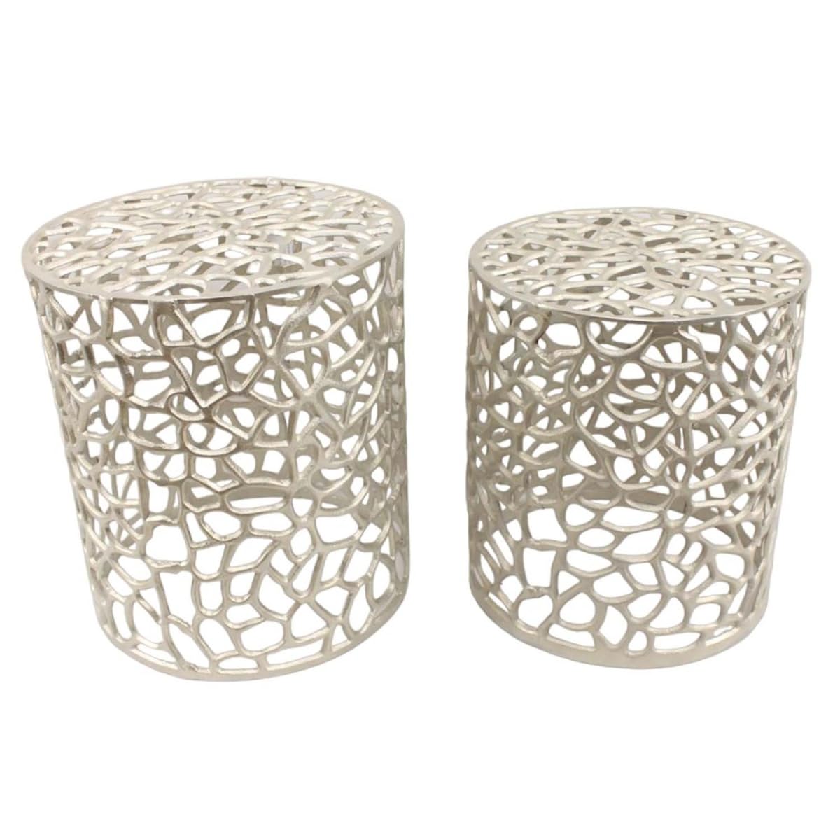 Casa Moro Orientalischer Beistelltisch DILA 2er Set Silber rund aus massiv Aluminium handgegossen | Kunsthandwerk Pur | Designer Metall Couch-Tisch im marokkanischen Stil | AL-6399