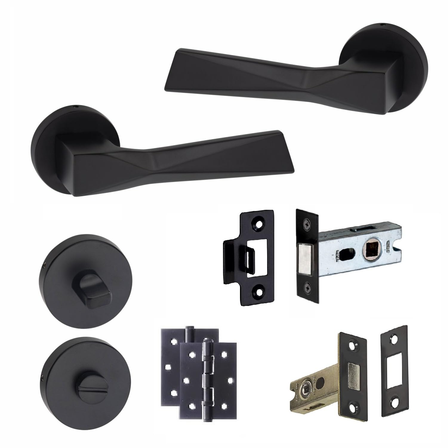 Golden Grace Matt Black Finish Modern Aura Design Premium Bathroom Door Handles On Round Rose In Matt Black With Dead Bolt Latch, Ball Hinges & Thumbturn