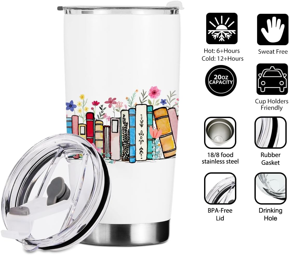 Book Lovers Gifts, Tumbler, Cute Stainless Steel Coffee Mug with Lid, 20 oz Insulated Thermal Cup Birthday Christmas Reading Book Accessories, Librarian Gifts for Women Men Her Coworker Boss - Image 2