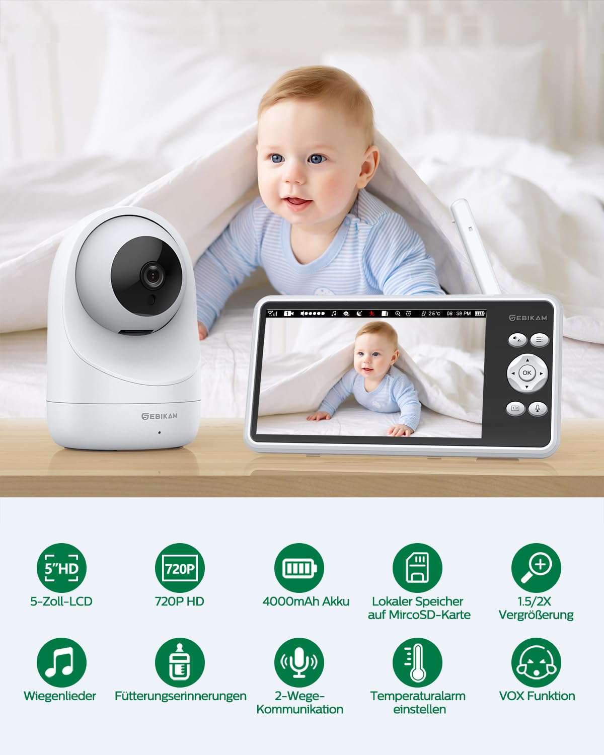 Babyphone mit 2 Kameras, 5 Zoll 720P HD Video Babyphone ohne WLAN | 4000mAh Akku, PTZ 355°, Nachtsicht, Zwei-Wege-Audio, VOX-Modus, Temperaturanzeige, Schlaflieder