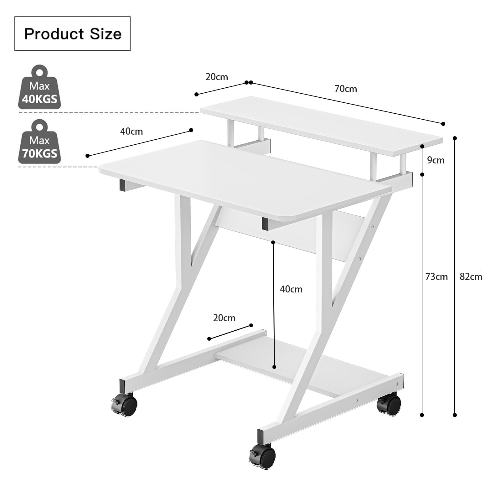 Dripex Computertisch mit Rollen Z-förmiger Schreibtisch, Mobiler Laptoptisch mit Regalen für kleine Räume, Home Office 70x60x73CM Weiß
