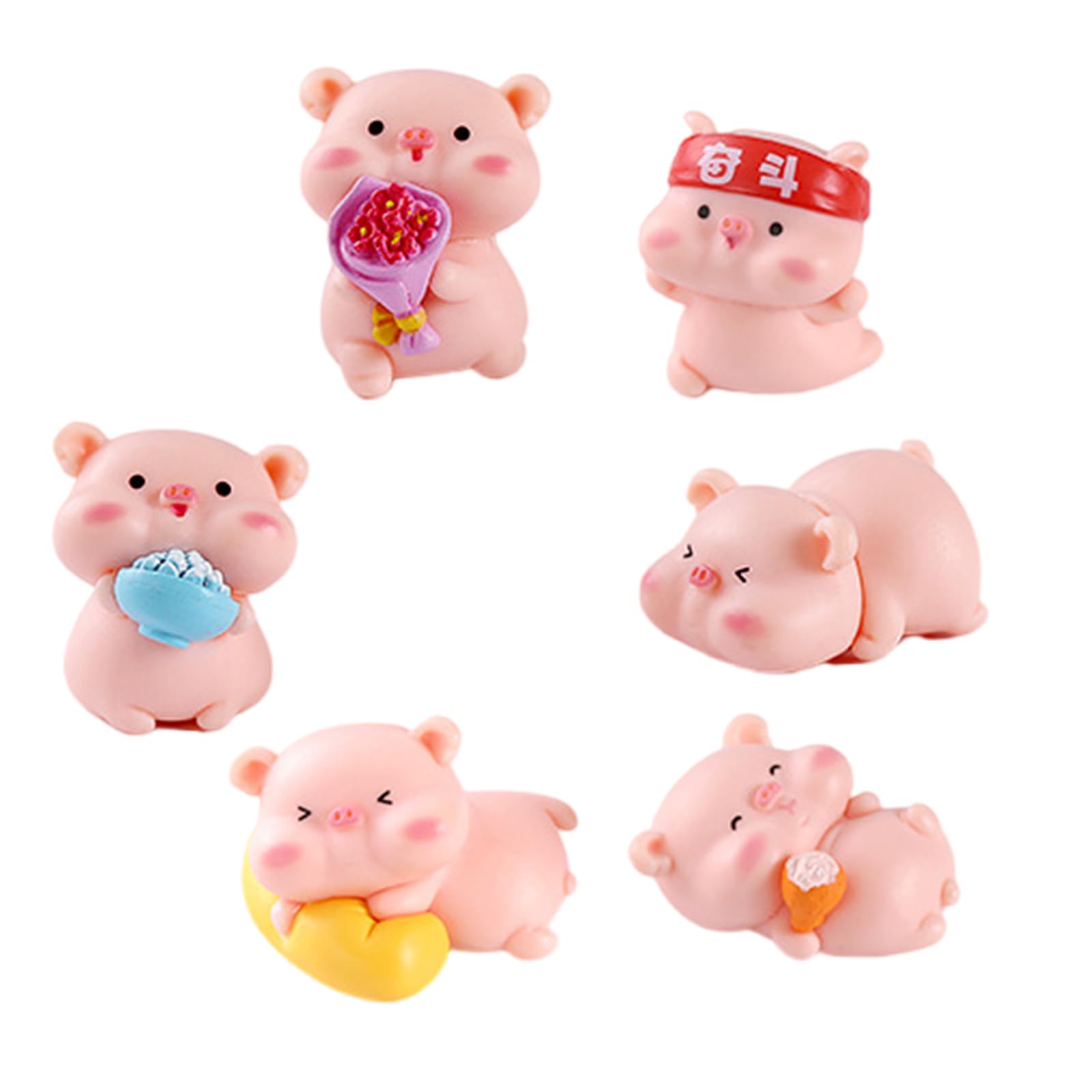 Tsophreniq Collection of 6 Piggy Figures Cartoon Pigs Miniature Ornaments for Car Interior and Home Decorative Displays Small Animal Figurines
