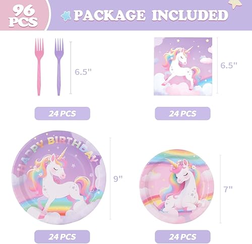 Miniatura 9 de Juego de 96 suministros de fiesta de unicornio arcoíris – Incluye platos de papel para cena y postre, servilletas, tenedores para fiestas