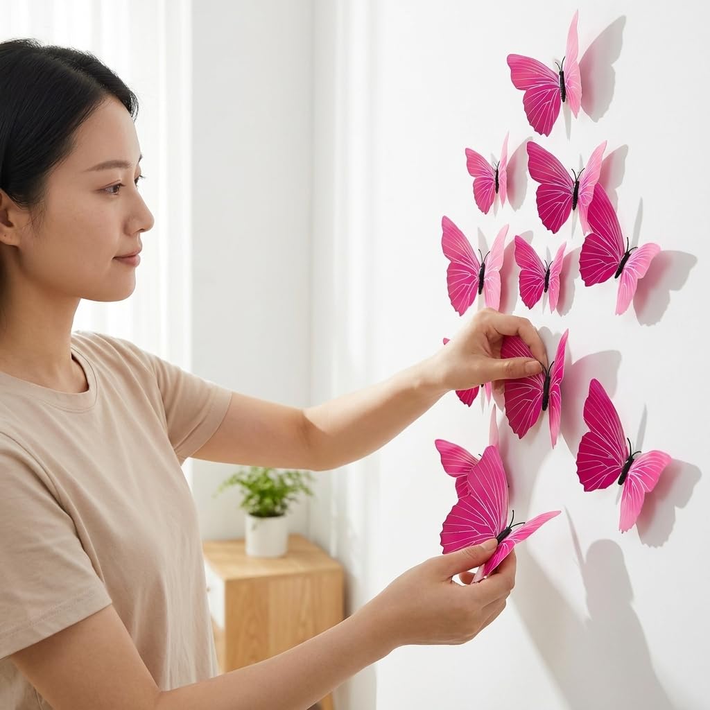 Xtore 12pcs 3D Home Decor Pink Butterfly | Beautiful Decor Item | Comes with Sticking pad - (Set of 12, Shaded Pink)