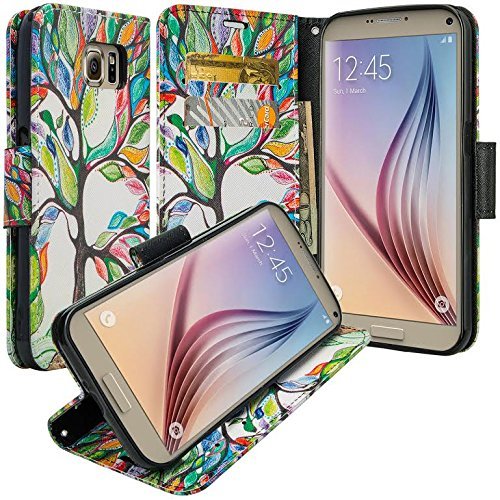 Galaxy Wireless Case Compatible for Samsung Galaxy S7 Edge Wallet Case, Flip Folio [Kickstand Feature] Pu Leather Wallet Case with ID Slots for S7 Edge Phone Case - Colorful Tree