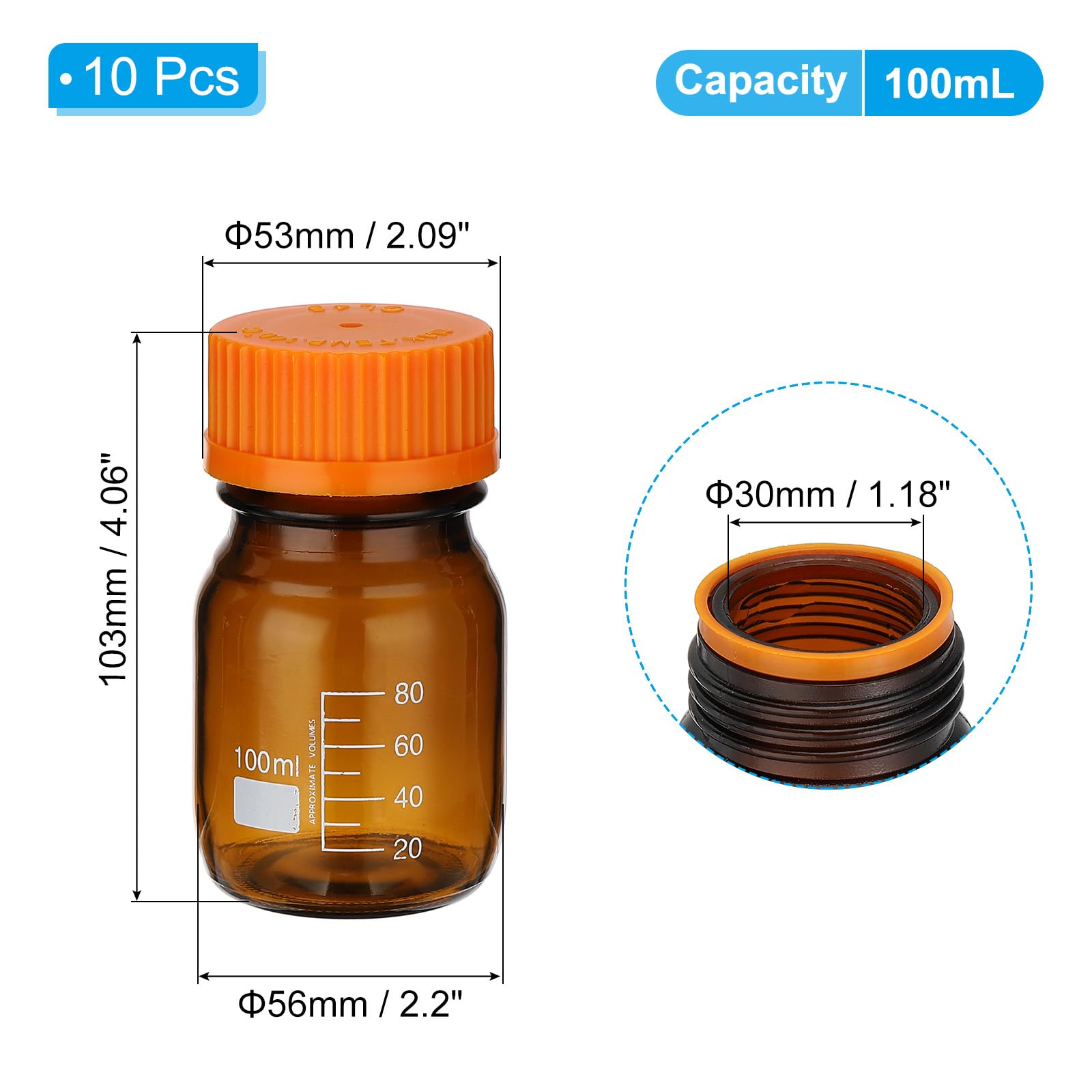 PATIKIL Confezione da 10 bottiglie rotonde per reagenti, in vetro borosilicato da 100 ml, graduate, con tappo a vite GL32 arancione, per liquidi reagenti d'acqua di laboratorio, ambra