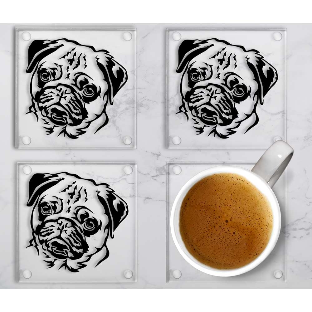 Pug Dog Glass Coasters, Black and White Design, Set of 4